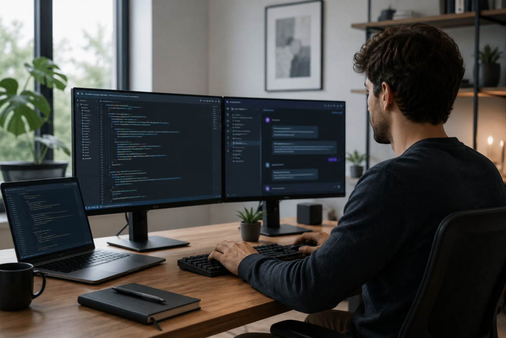 Desarrollador trabajando con Claude Opus 4.8 en varios monitores de código